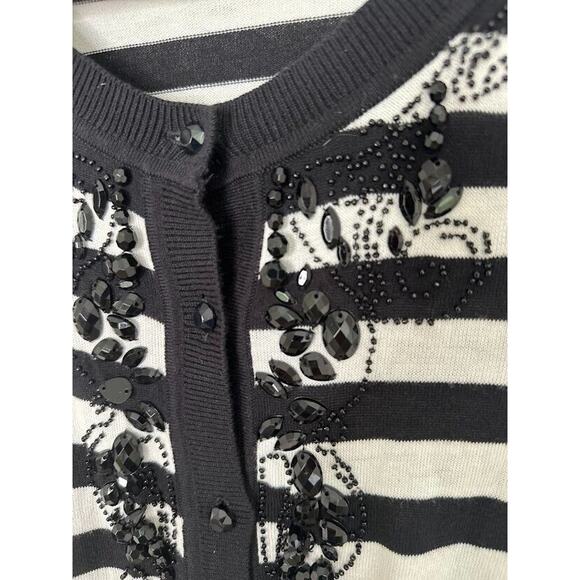 TALBOTS Womens Button Cardigan Sweater Beaded Black White Stripe Size Medium - Picture 7 of 7